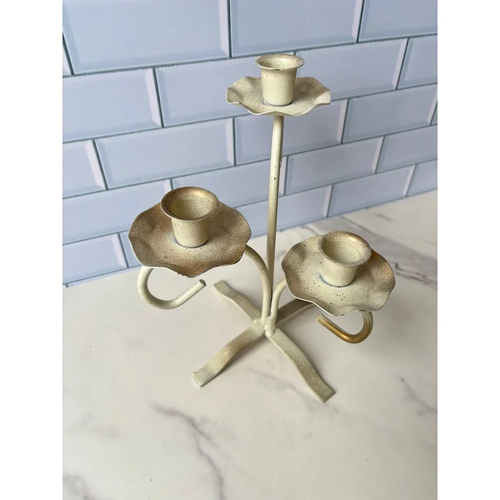 Vintage Metal 3‎ Arm Candelabra Distressed Cream Gold Scalloped Centerpiece